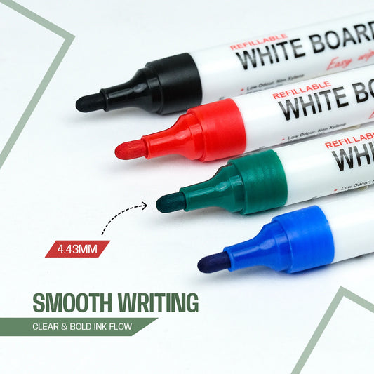 Whiteboard Combo (4 Whiteboard Markers + 4 Marker Inks) Vibrant Colours, Eco-friendly, Easy Wipe