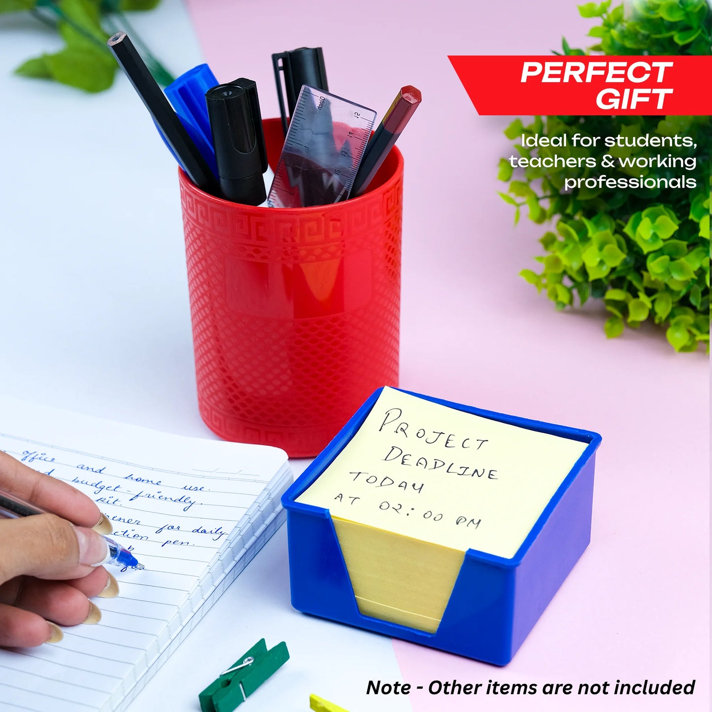 Pen Stand Combo (2 in 1 Pen Stand with 400 Pcs (76 x 76 mm) Fluorescent Sticky Note Tray) Desk Organizer Pen Holder with Sticky Notes, Office & Study Table Accessory