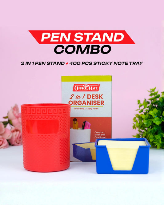Pen Stand Combo (2 in 1 Pen Stand with 400 Pcs (76 x 76 mm) Fluorescent Sticky Note Tray) Desk Organizer Pen Holder with Sticky Notes, Office & Study Table Accessory