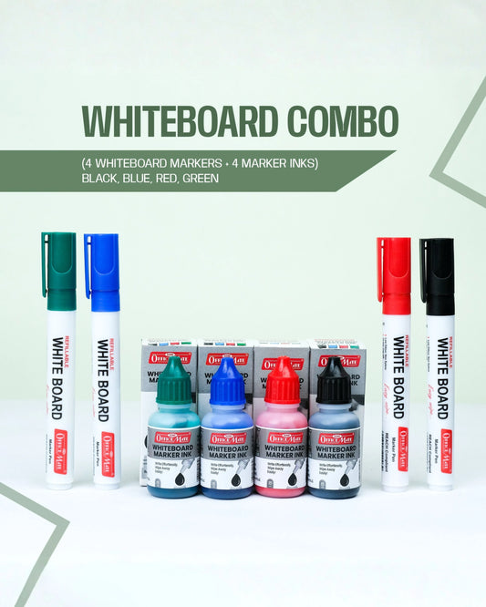 Whiteboard Combo (4 Whiteboard Markers + 4 Marker Inks) Vibrant Colours, Eco-friendly, Easy Wipe