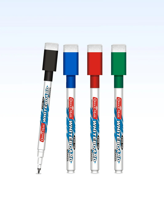 Fine Tip Whiteboard Marker with Duster on cap, Assorted Colour (Pack of 4) – Extra Precision, Bright Colours, Easy Wipe
