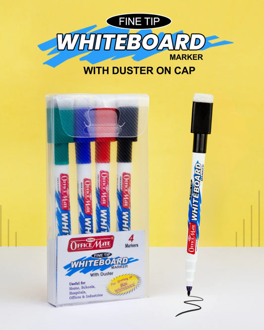 Fine Tip Whiteboard Marker with Duster on cap, Assorted Colour (Pack of 4) – Extra Precision, Bright Colours, Easy Wipe