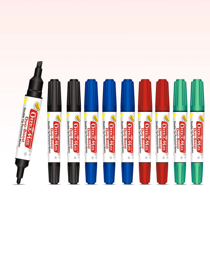Permanent Marker Double Tip (Bullet + Chisel Tip) – Pack of 10, Quick-Drying, Multi-Surface Marker