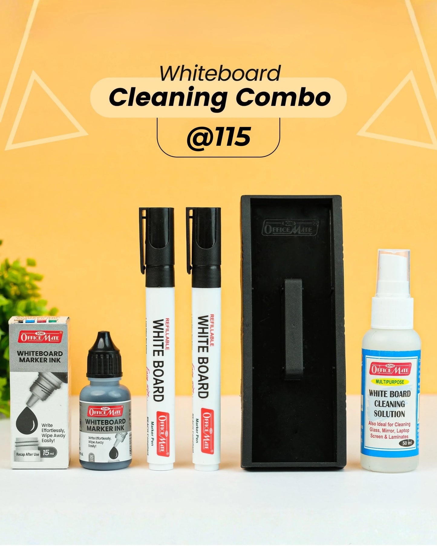 Whiteboard Cleaning Combo – 2 Refillable Markers, 15ml Ink & 2-Slot Duster, Easy Writing & Effortless Erasing for Office & School