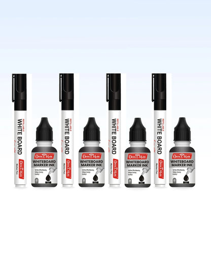 Whiteboard Combo (4 Whiteboard Markers + 4 Marker Inks) Vibrant Colours, Eco-friendly, Easy Wipe