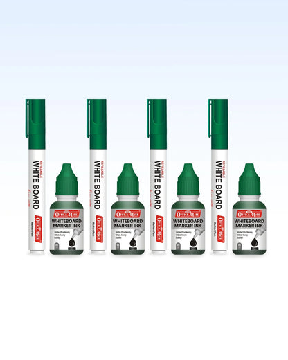 Whiteboard Combo (4 Whiteboard Markers + 4 Marker Inks) Vibrant Colours, Eco-friendly, Easy Wipe