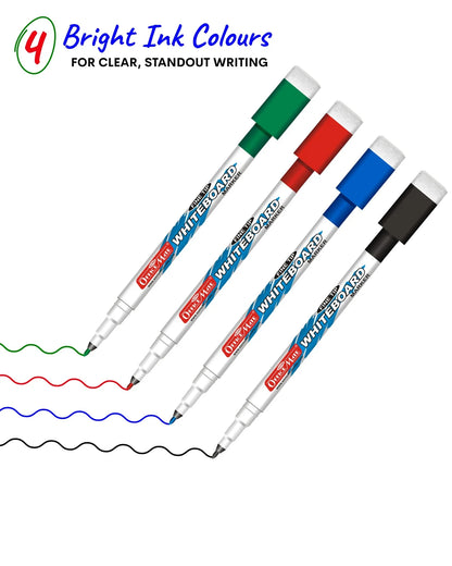 Fine Tip Whiteboard Marker with Duster (10pcs), Extra Precision, Bright Colours, Easy Wipe