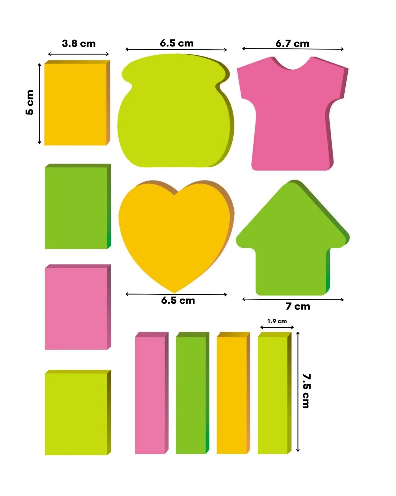 Multi-Shape Fluorescent Sticky Notes Chart – 12 Bright and Colourful Designs, Effective Note-Taking & Organizing