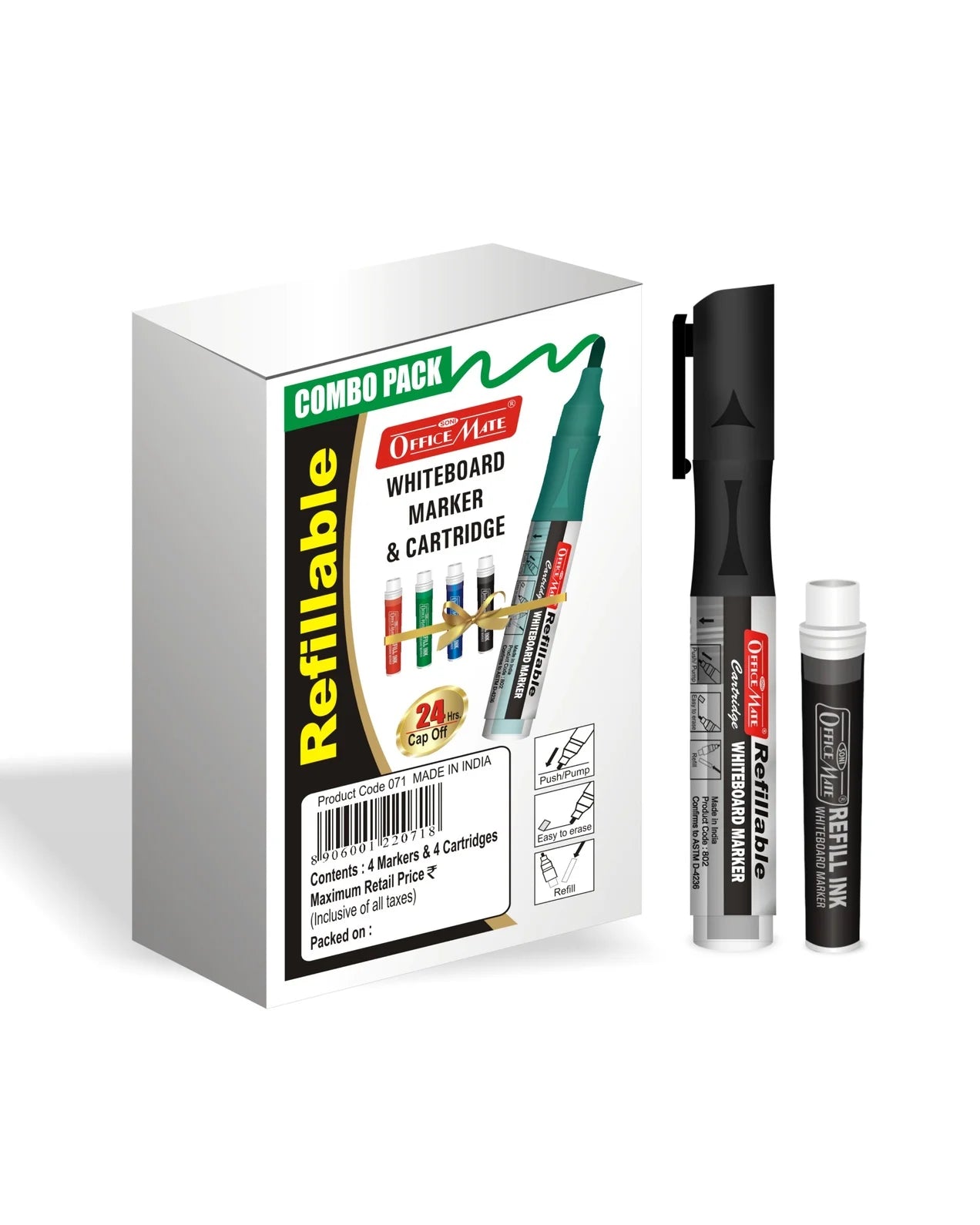 Refillable Cartridges Whiteboard Markers Combo (4 Cartridges Whiteboard Markers + 4 Cartridges) Vibrant Colours, Eco-Friendly, Lasts Longer