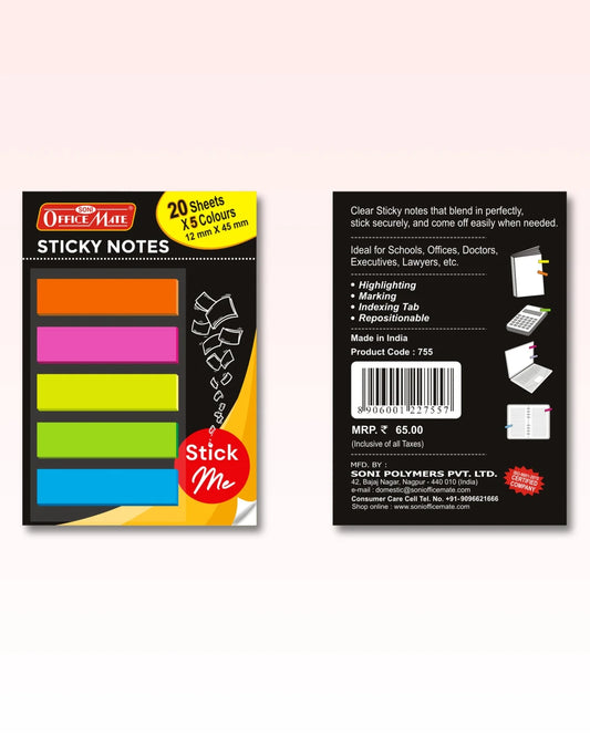 Transparent Sticky Notes (12mm X 45mm X 20 Sheets X 5 Colors), Bookmarks, Text Highlighter