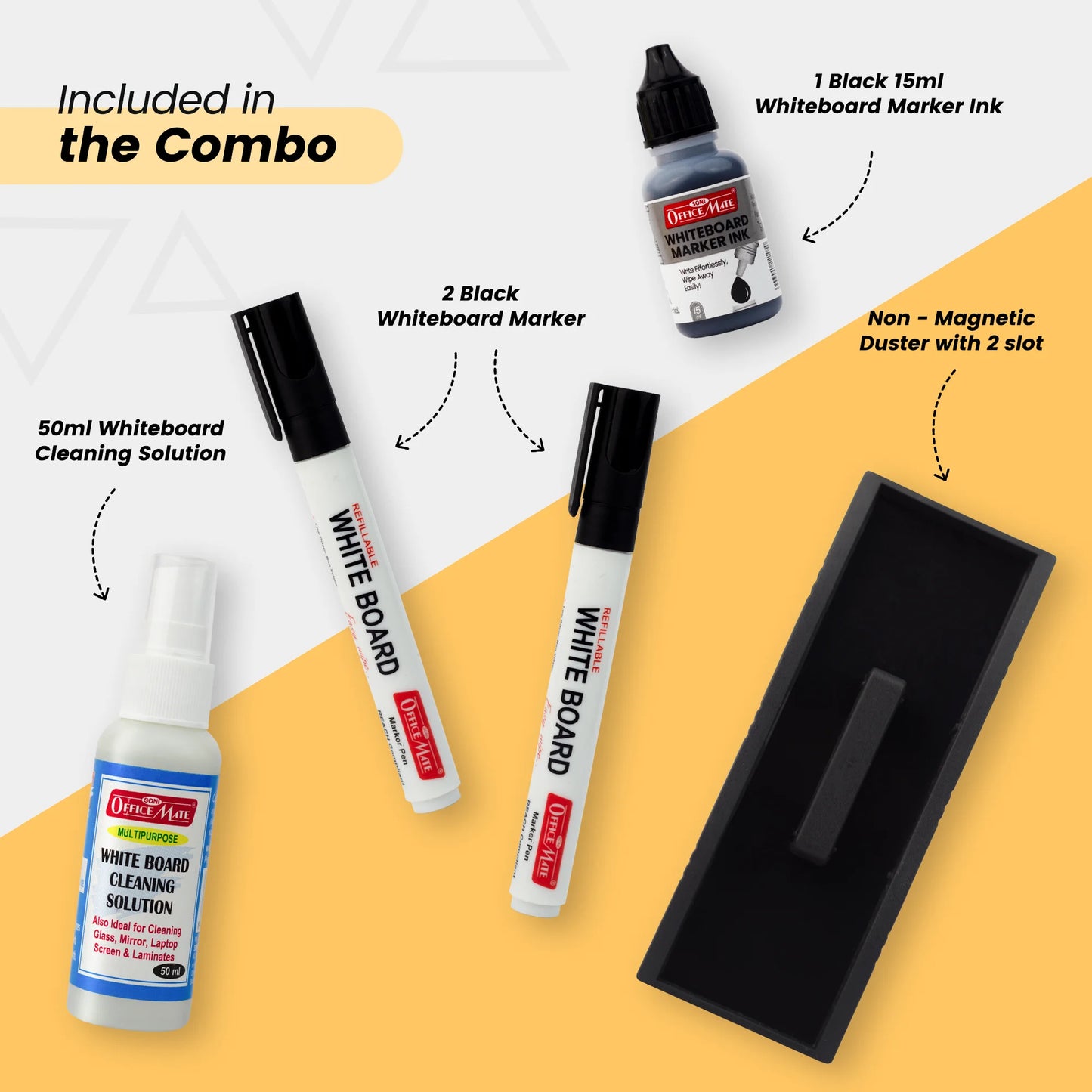 Whiteboard Cleaning Combo – 2 Refillable Markers, 15ml Ink & 2-Slot Duster, Easy Writing & Effortless Erasing for Office & School