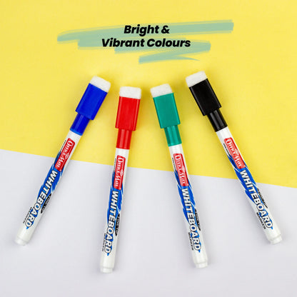 Fine Tip Whiteboard Marker with Duster on cap, Assorted Colour (Pack of 4) – Extra Precision, Bright Colours, Easy Wipe