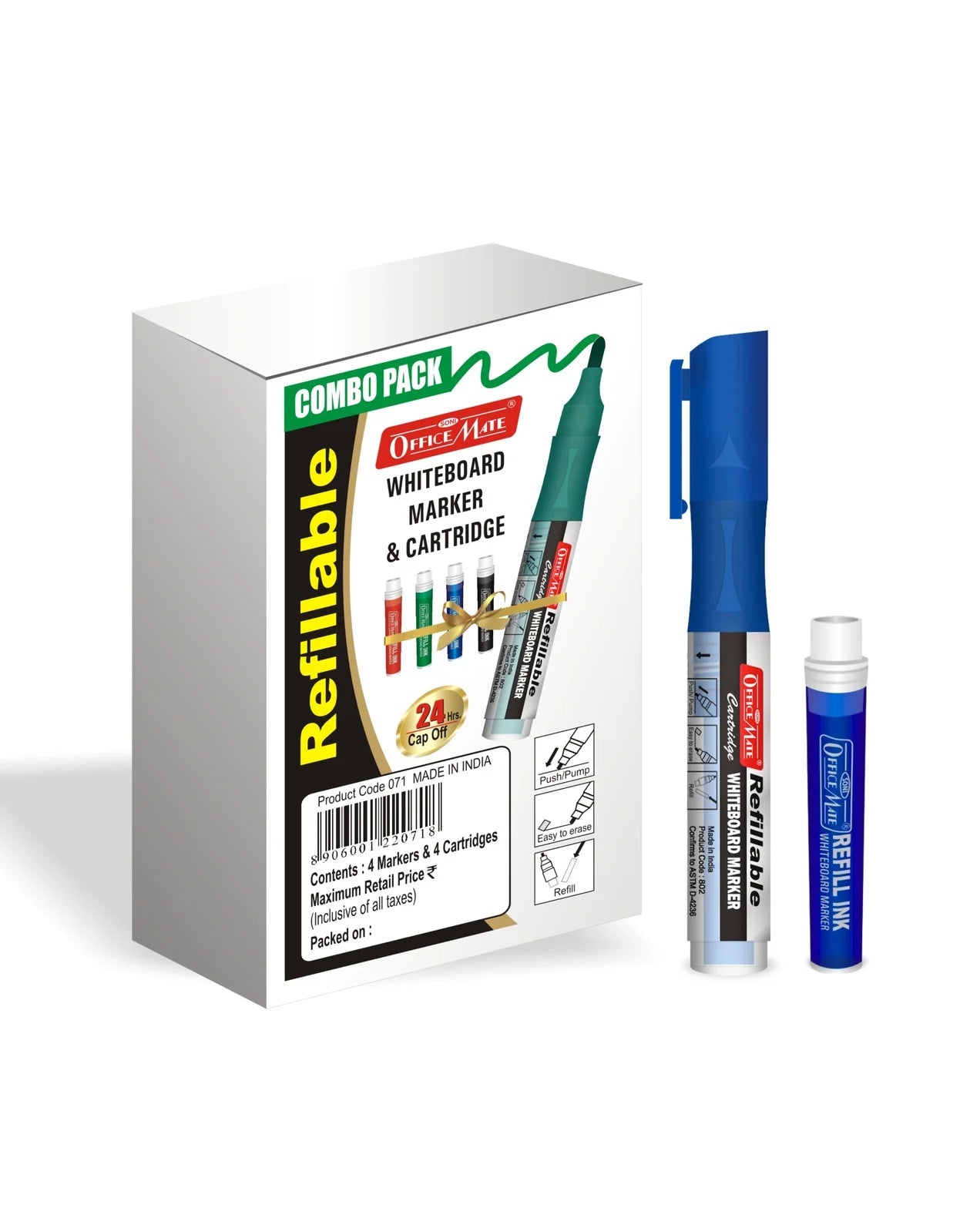 Refillable Cartridges Whiteboard Markers Combo (4 Cartridges Whiteboard Markers + 4 Cartridges) Vibrant Colours, Eco-Friendly, Lasts Longer