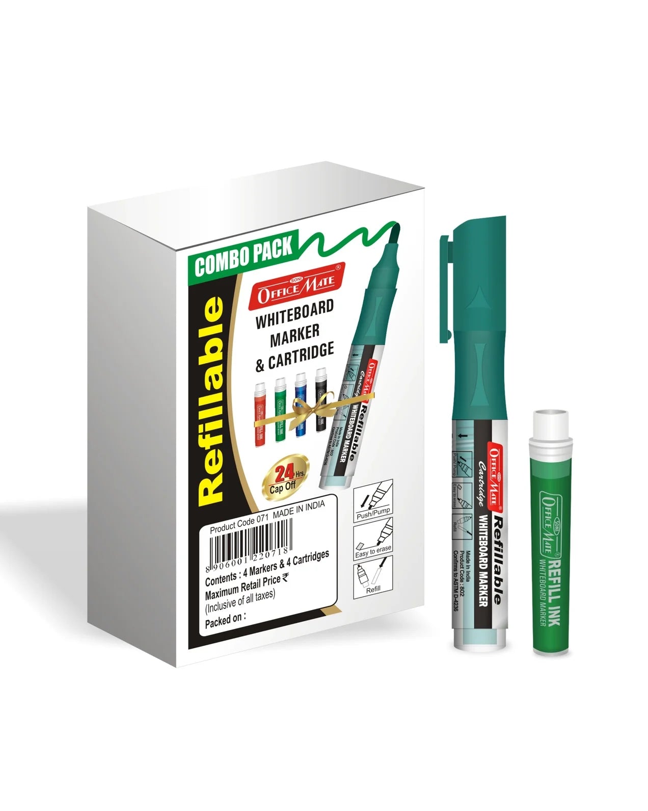 Refillable Cartridges Whiteboard Markers Combo (4 Cartridges Whiteboard Markers + 4 Cartridges) Vibrant Colours, Eco-Friendly, Lasts Longer