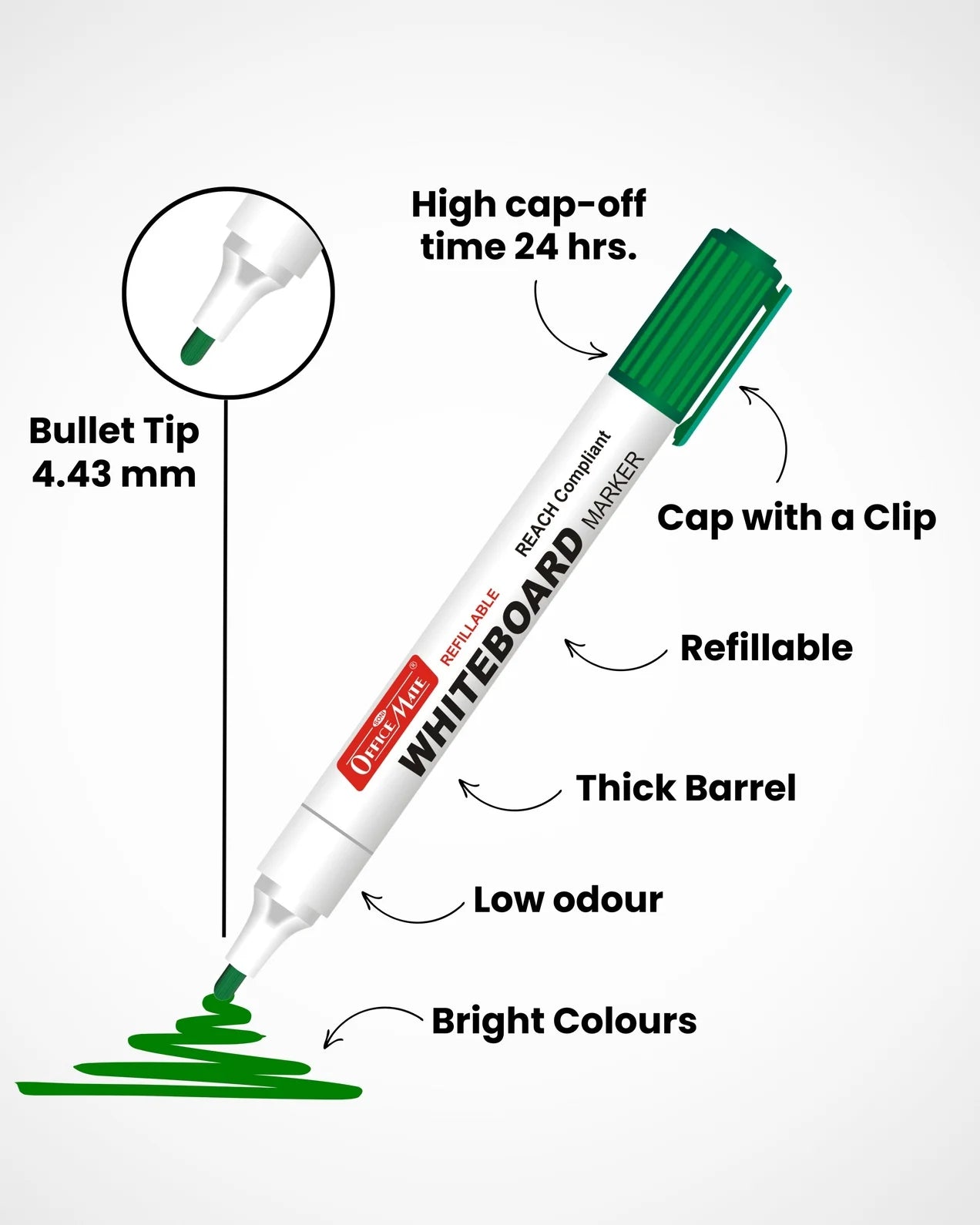 Regular Whiteboard Marker (Cap with a Clip), (10 pcs), Vibrant Colour, Eco-Friendly, Easy to Wipe