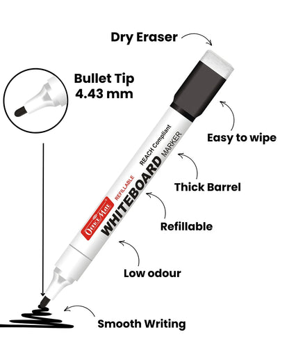 Regular Whiteboard Marker with Duster on cap ( 10 pcs ), Vibrant Colours, Eco-friendly, Easy Wipe