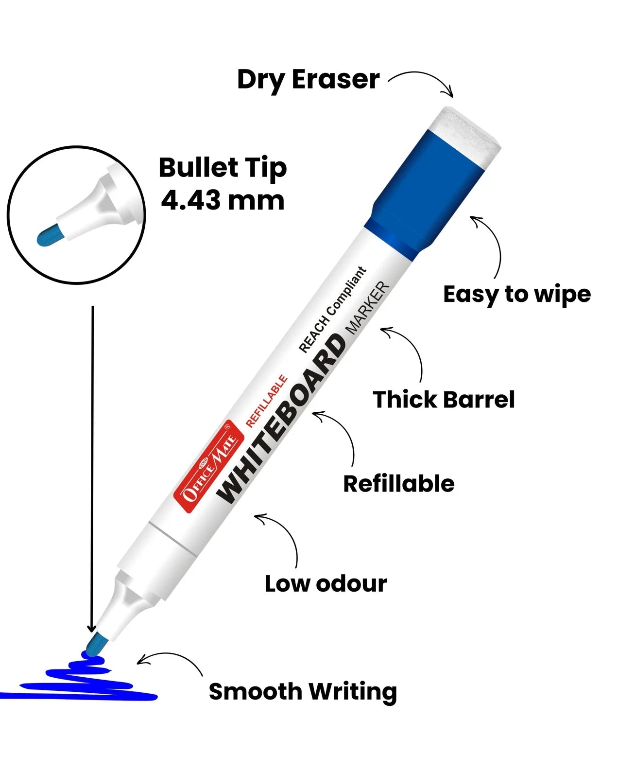 Regular Whiteboard Marker with Duster on cap ( 10 pcs ), Vibrant Colours, Eco-friendly, Easy Wipe