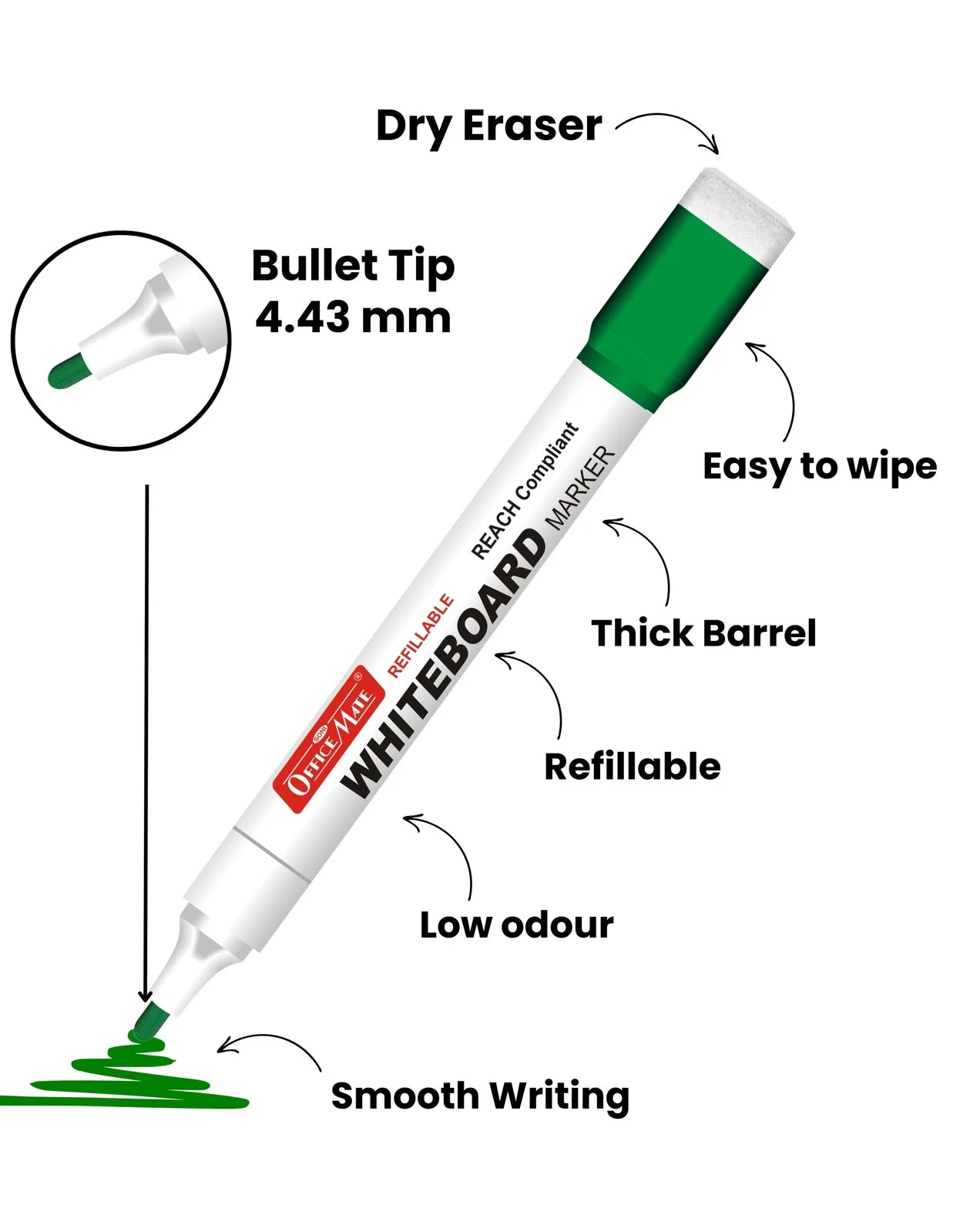Regular Whiteboard Marker with Duster on cap ( 10 pcs ), Vibrant Colours, Eco-friendly, Easy Wipe