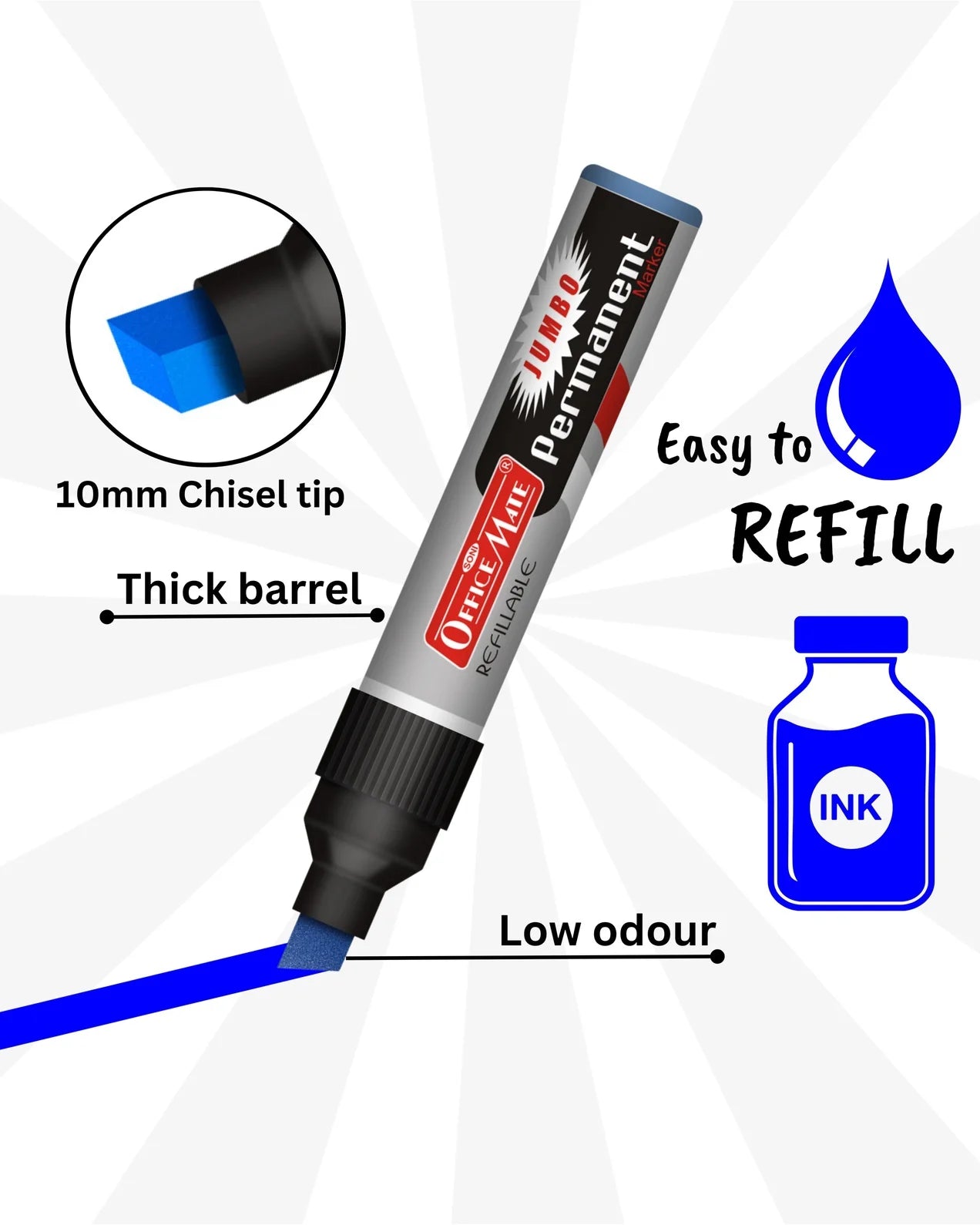 Jumbo Permanent Markers (6 pcs), Extra-Wide Tip, Versatile Use, Quick-Drying, Multi-Surface Marker