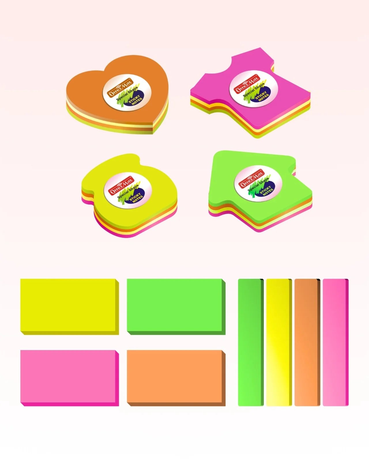 Multi-Shape Fluorescent Sticky Notes Chart – 12 Bright and Colourful Designs, Effective Note-Taking & Organizing