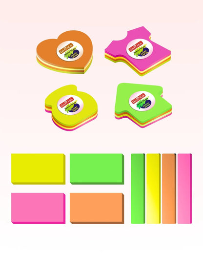Multi-Shape Fluorescent Sticky Notes Chart – 12 Bright and Colourful Designs, Effective Note-Taking & Organizing