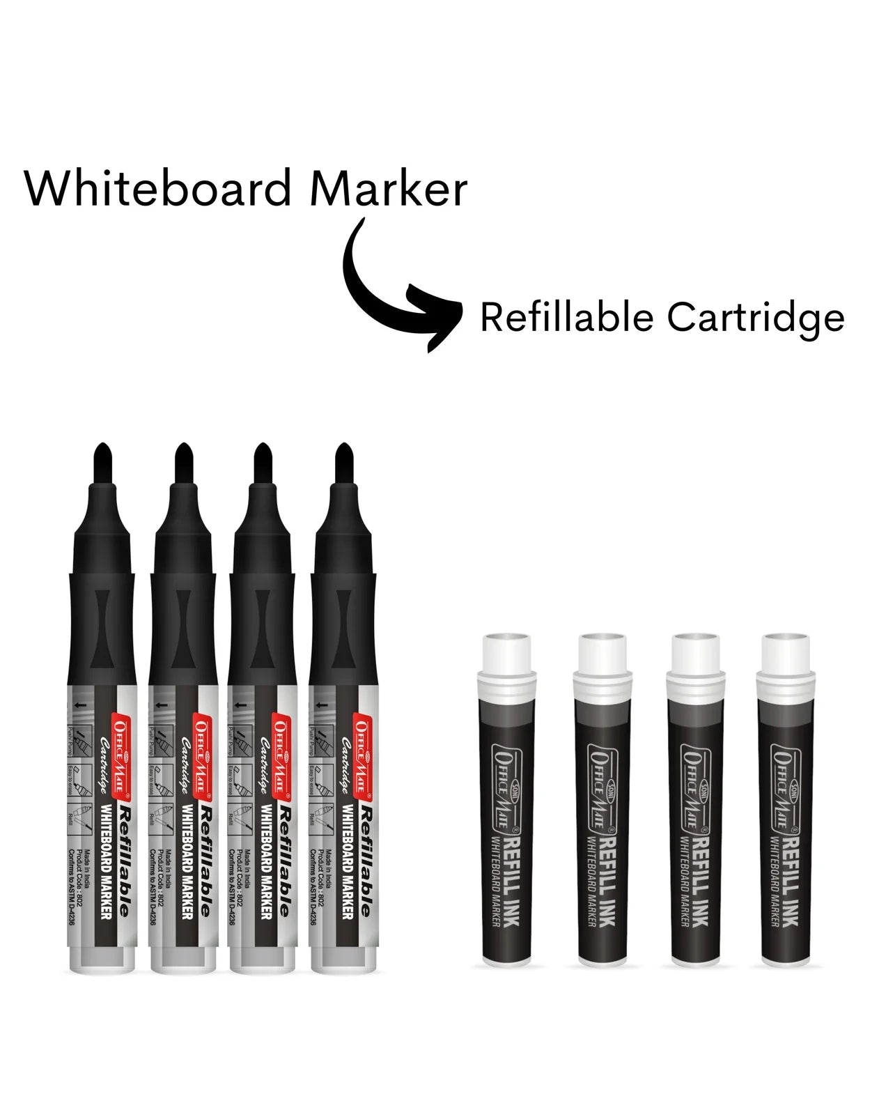 Refillable Cartridges Whiteboard Markers Combo (4 Cartridges Whiteboard Markers + 4 Cartridges) Vibrant Colours, Eco-Friendly, Lasts Longer