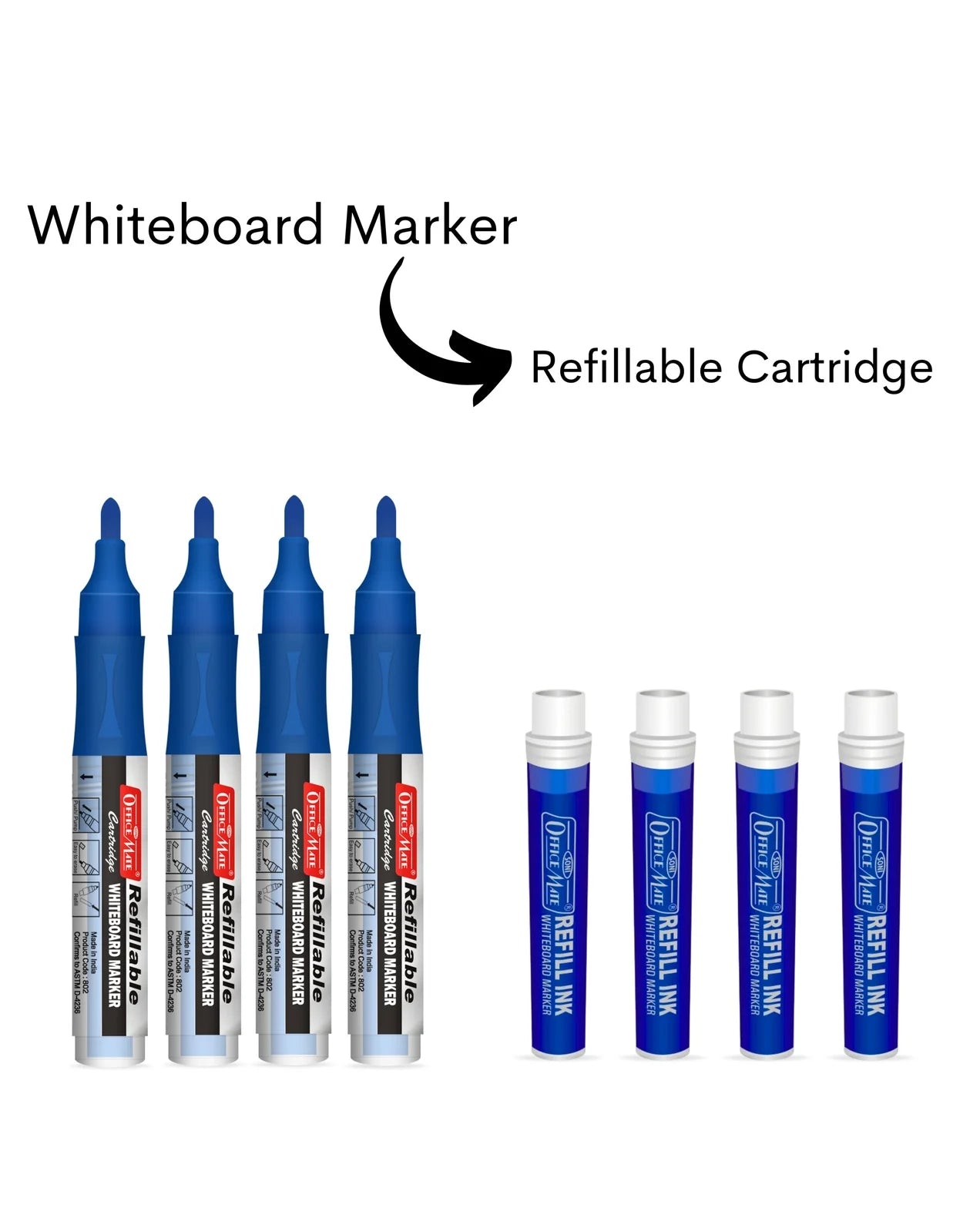 Refillable Cartridges Whiteboard Markers Combo (4 Cartridges Whiteboard Markers + 4 Cartridges) Vibrant Colours, Eco-Friendly, Lasts Longer