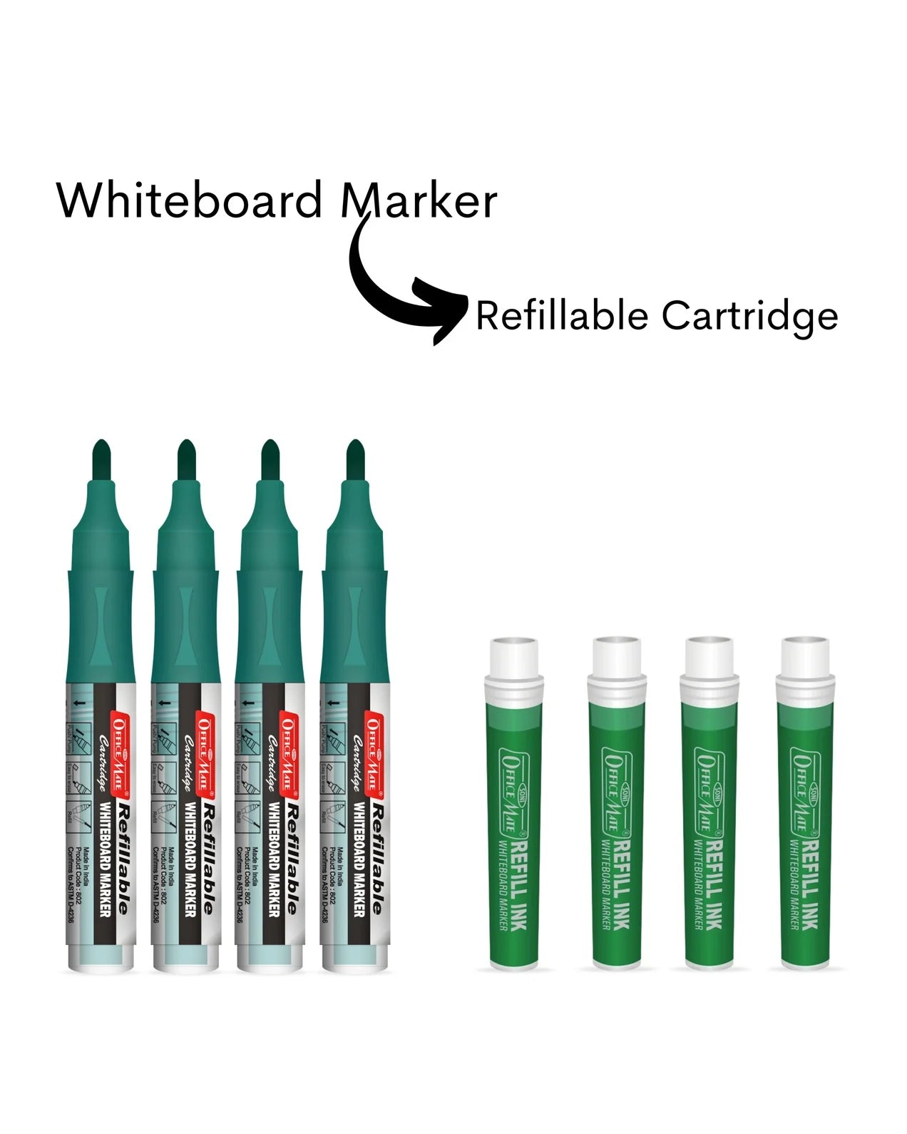 Refillable Cartridges Whiteboard Markers Combo (4 Cartridges Whiteboard Markers + 4 Cartridges) Vibrant Colours, Eco-Friendly, Lasts Longer