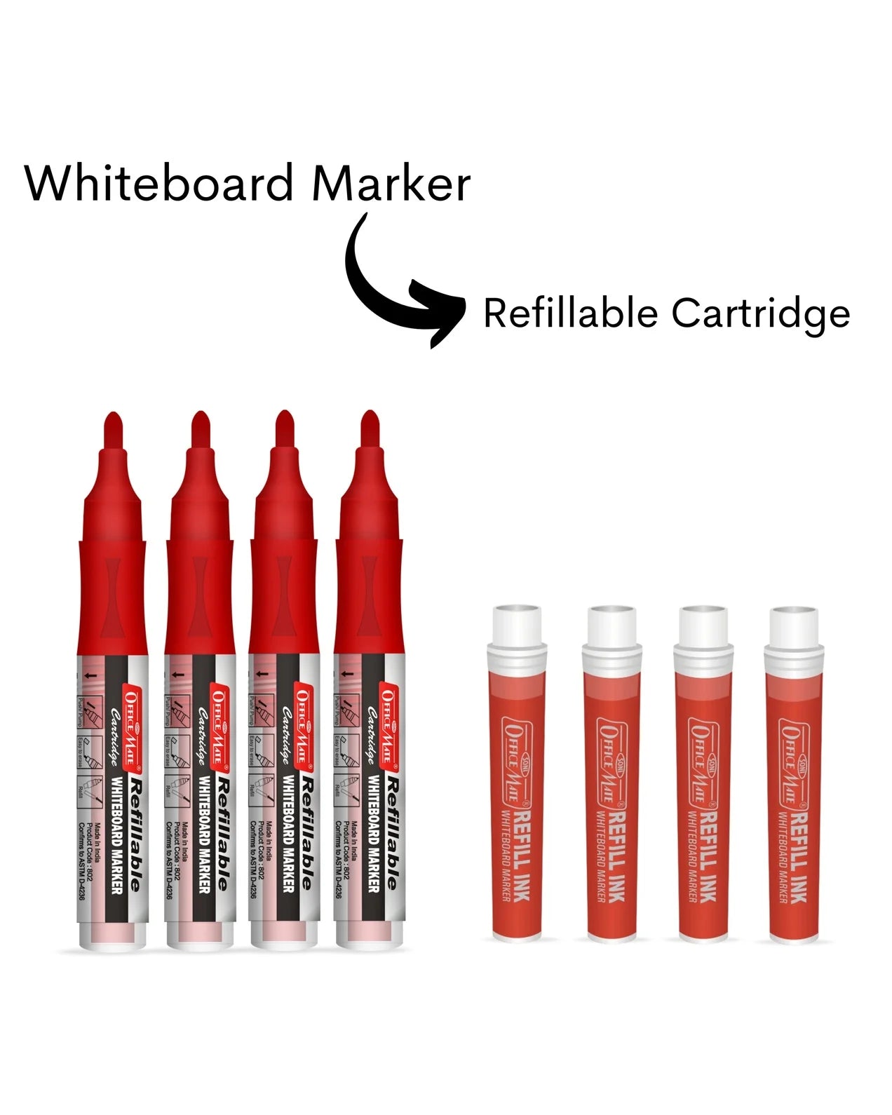 Refillable Cartridges Whiteboard Markers Combo (4 Cartridges Whiteboard Markers + 4 Cartridges) Vibrant Colours, Eco-Friendly, Lasts Longer