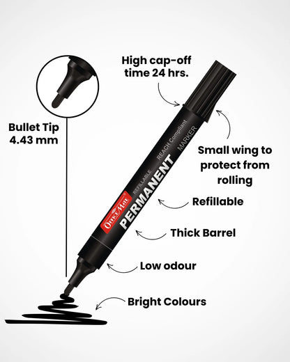 Regular Permanent Markers (Anti-Roll Cap), (10 pcs), Versatile Use, Quick-Drying, Multi-Surface Markers