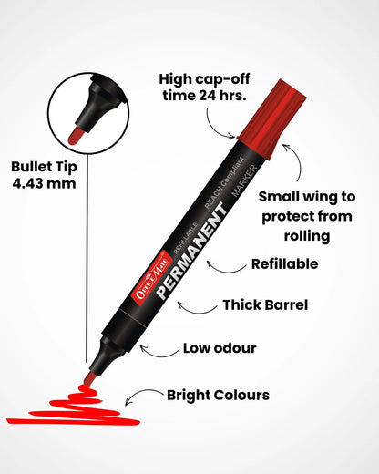 Regular Permanent Markers (Anti-Roll Cap), (10 pcs), Versatile Use, Quick-Drying, Multi-Surface Markers