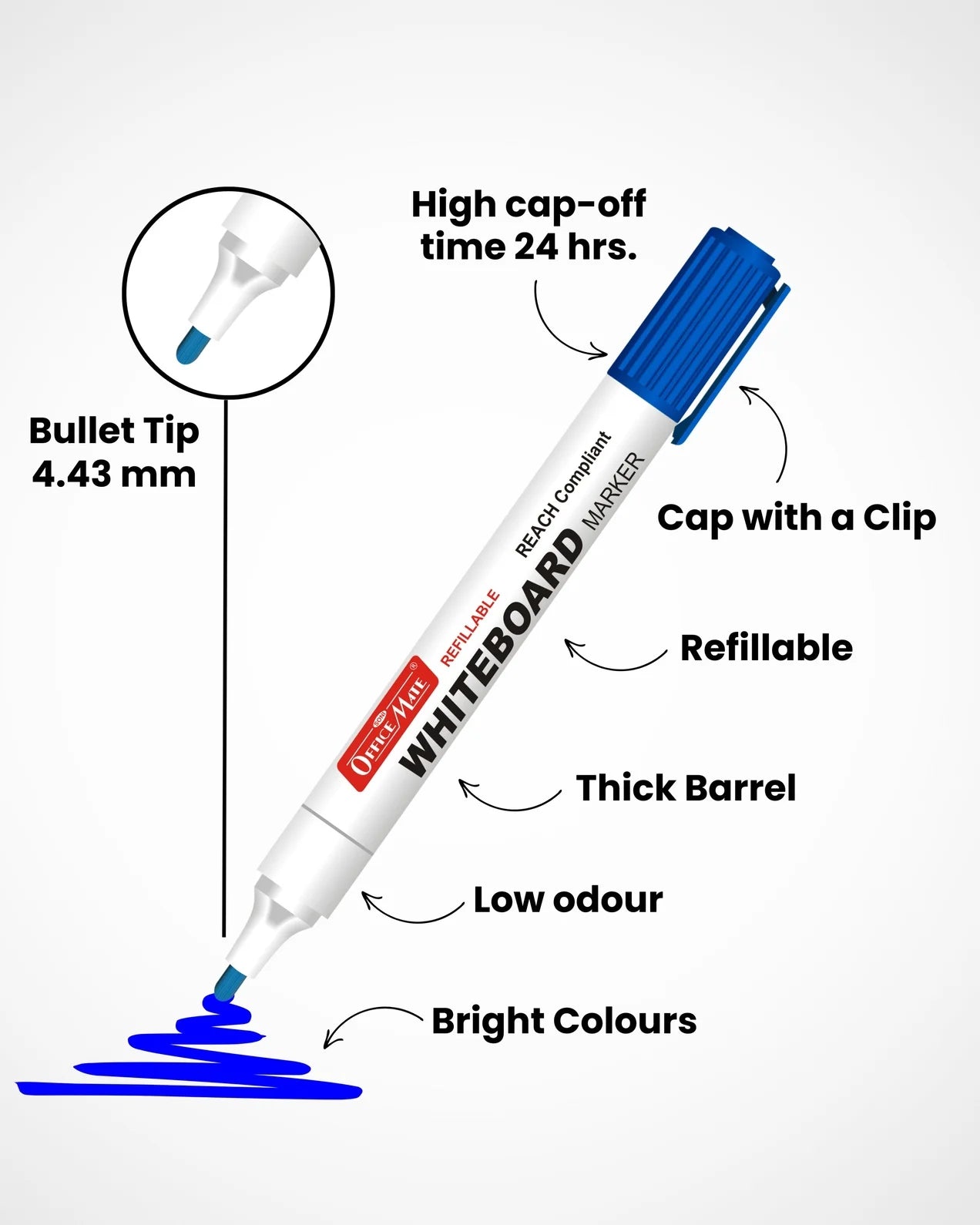 Regular Whiteboard Marker (Cap with a Clip), Assorted Colour (4 pcs), Vibrant Colour, Eco-Friendly, Easy to Wipe