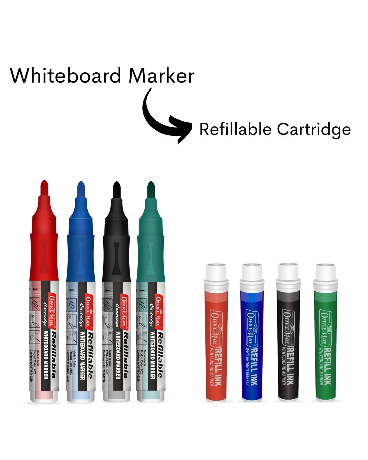 Whiteboard Markers with Refillable Cartridges (Pack of 4) – Eco-Friendly, Lasts Longer