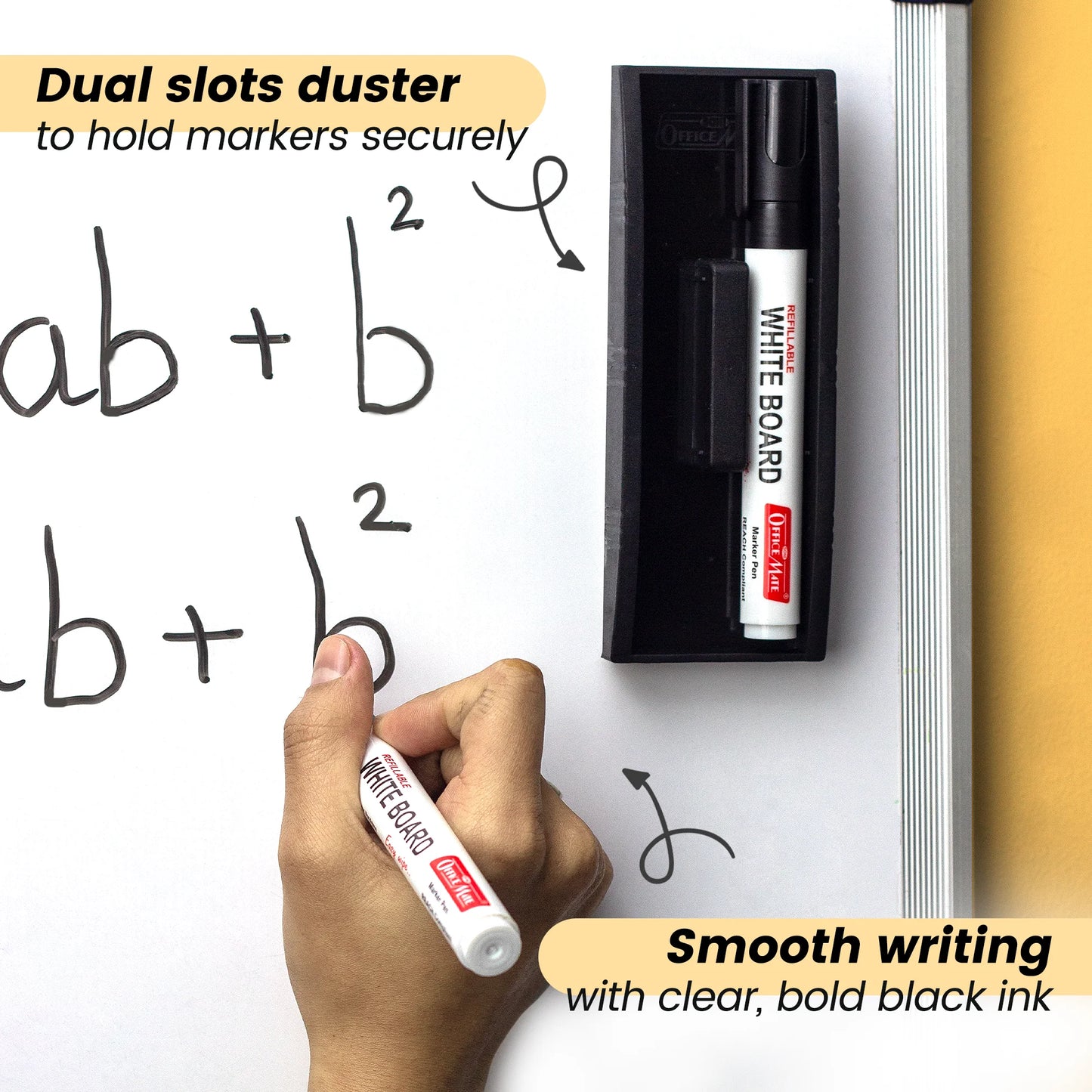Whiteboard Cleaning Combo – 2 Refillable Markers, 15ml Ink & 2-Slot Duster, Easy Writing & Effortless Erasing for Office & School