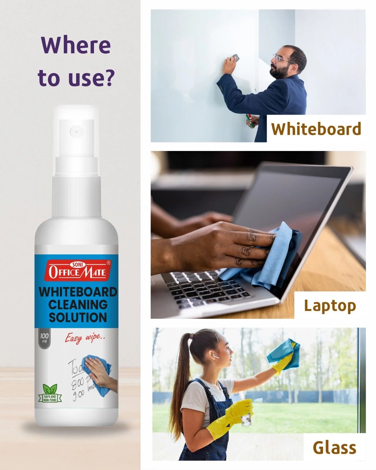 Whiteboard Cleaning Solution (100ml) (1pcs), Spotless Wipes, Eco-Friendly