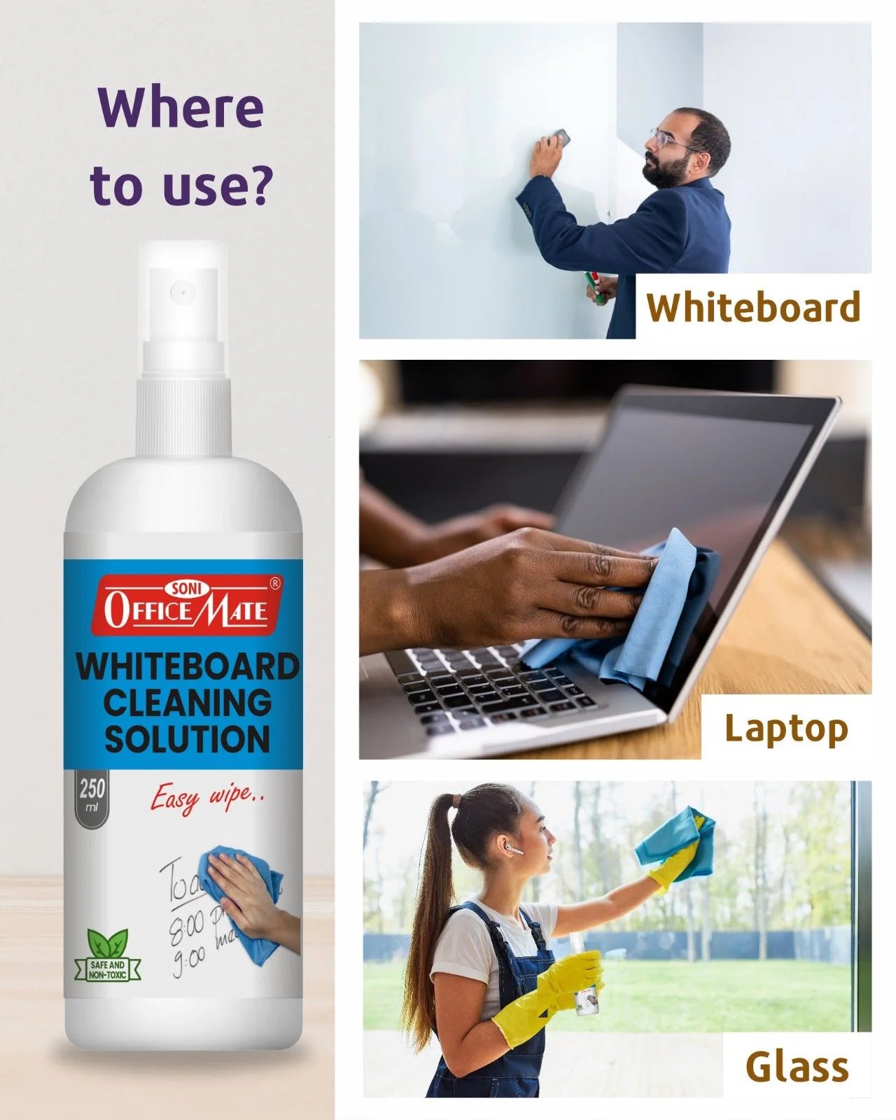 Whiteboard Cleaning Solution (250ml) (6pcs), Spotless Wipes, Eco-Friendly