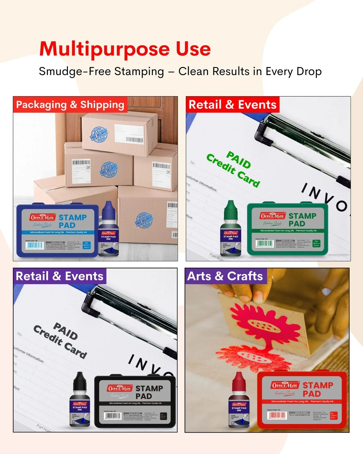 Stamp Pad Combo (4 Stamp Pads + 4 Inks), Long-Lasting Impressions, Quick-Drying Ink for Any Project