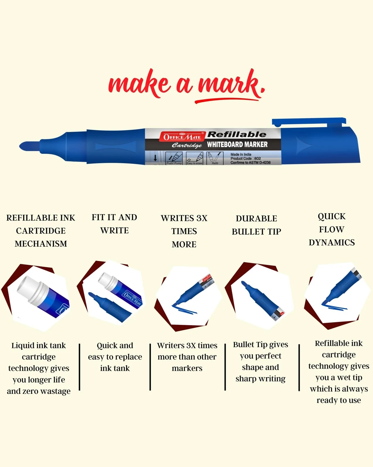 Refillable Cartridges Whiteboard Markers Combo (4 Cartridges Whiteboard Markers + 4 Cartridges) Vibrant Colours, Eco-Friendly, Lasts Longer