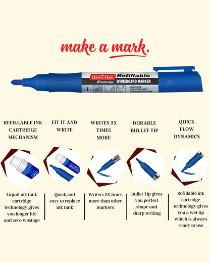 Refillable Cartridges Whiteboard Markers Combo (4 Cartridges Whiteboard Markers + 4 Cartridges) Vibrant Colours, Eco-Friendly, Lasts Longer