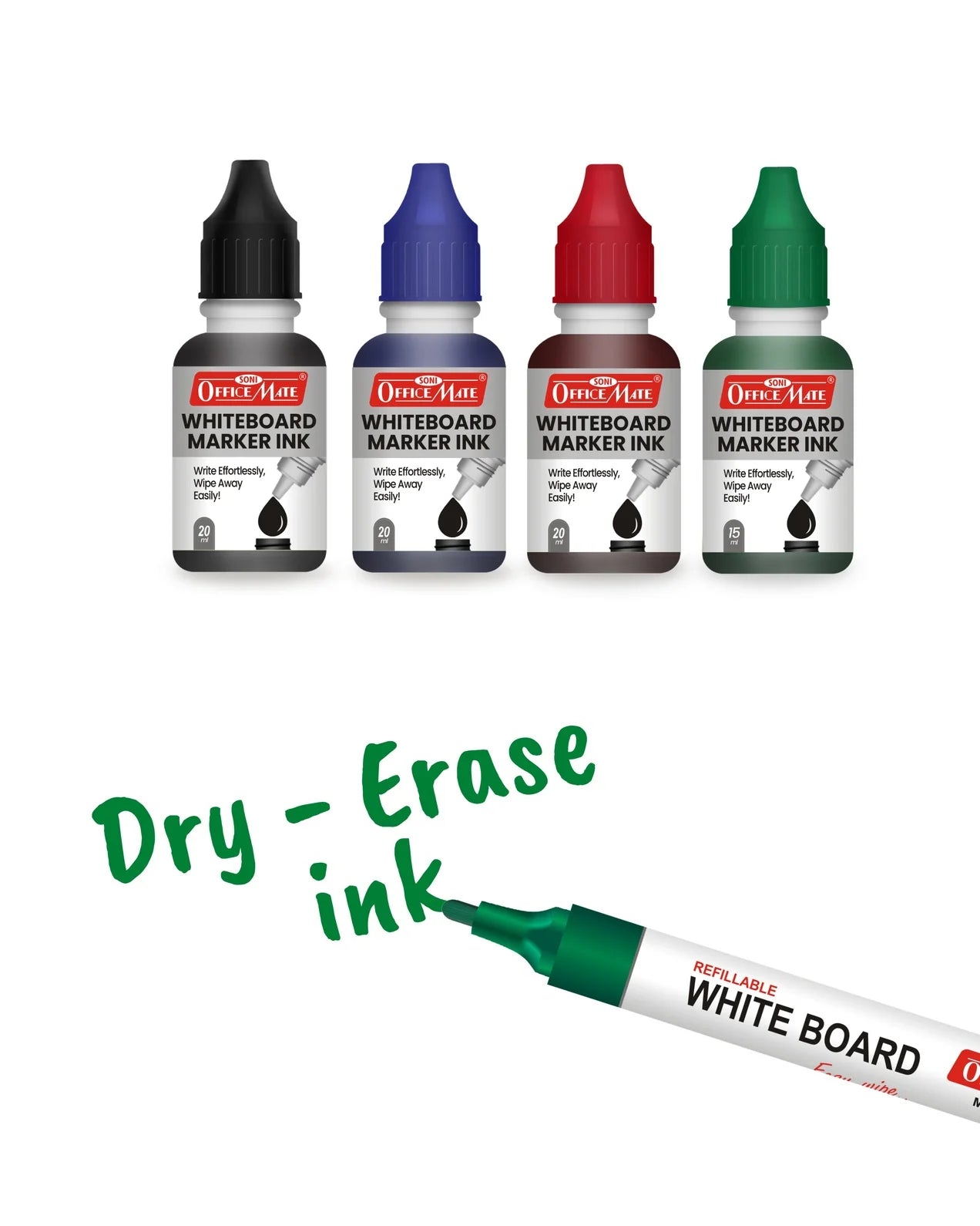 Whiteboard Combo (4 Whiteboard Markers + 4 Marker Inks) Vibrant Colours, Eco-friendly, Easy Wipe
