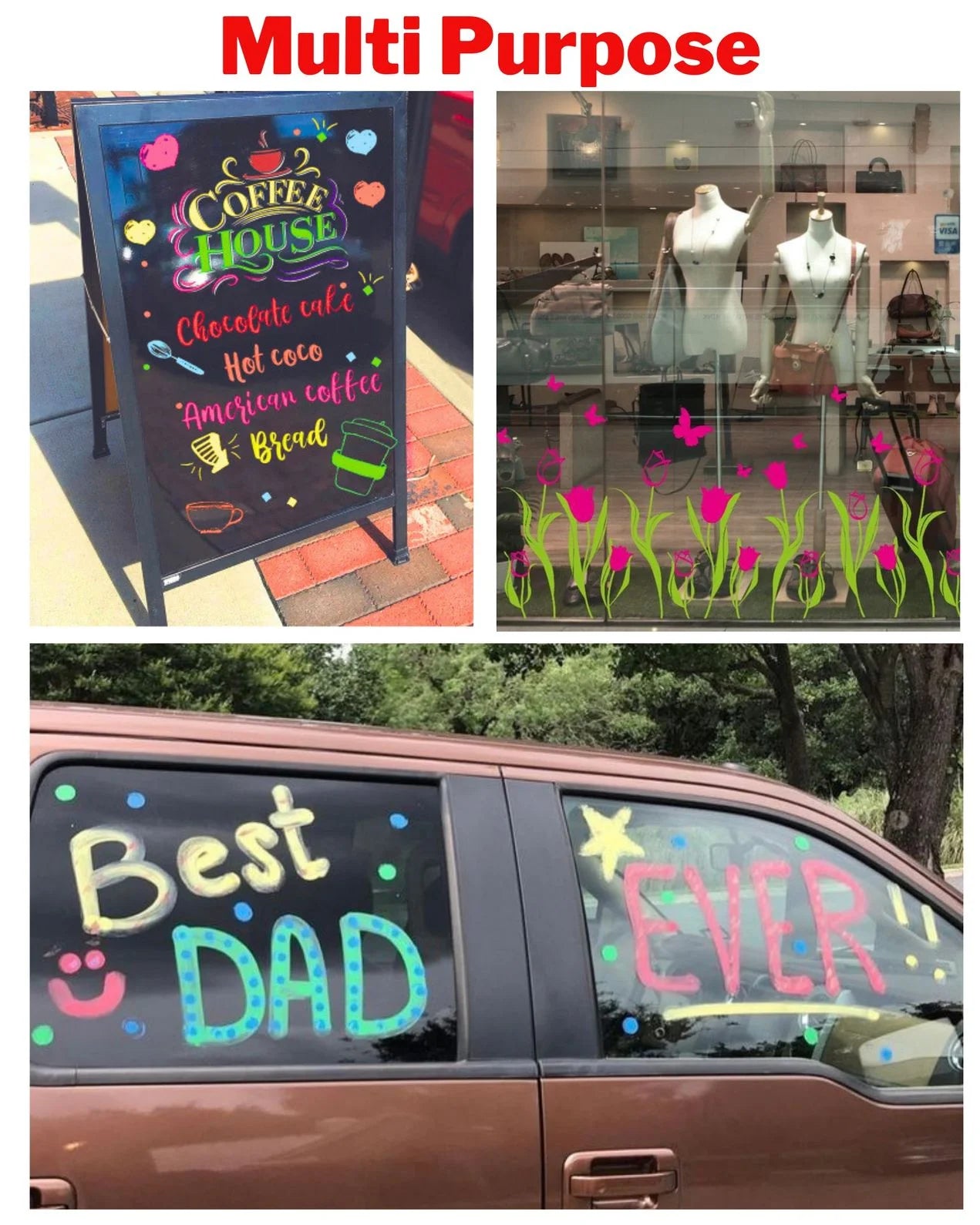 Fluorescent Window Markers / Chalk Markers (10 Pcs) Bright, Bold, Easy Erase