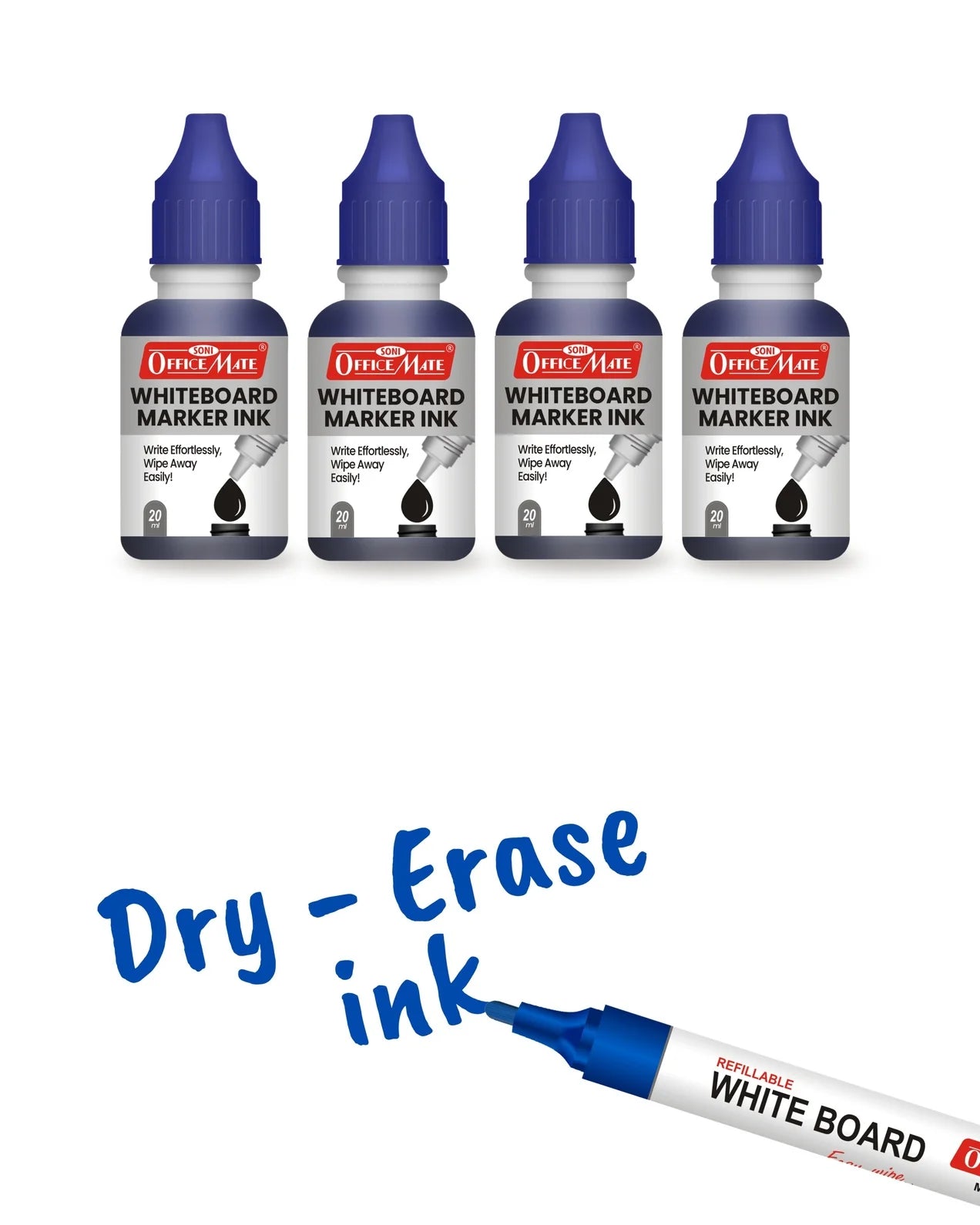 Whiteboard Combo (4 Whiteboard Markers + 4 Marker Inks) Vibrant Colours, Eco-friendly, Easy Wipe