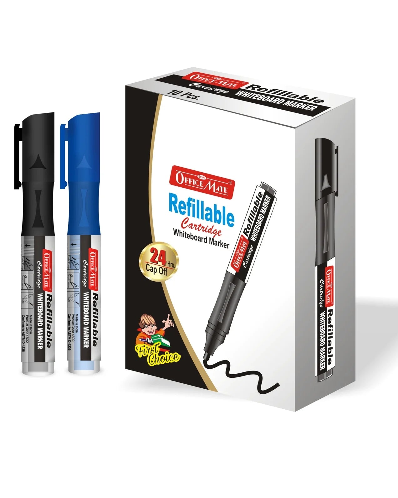 Whiteboard Marker with Refillable Cartridge (10pcs) Vibrant Colours, Eco-Friendly, Lasts Longer