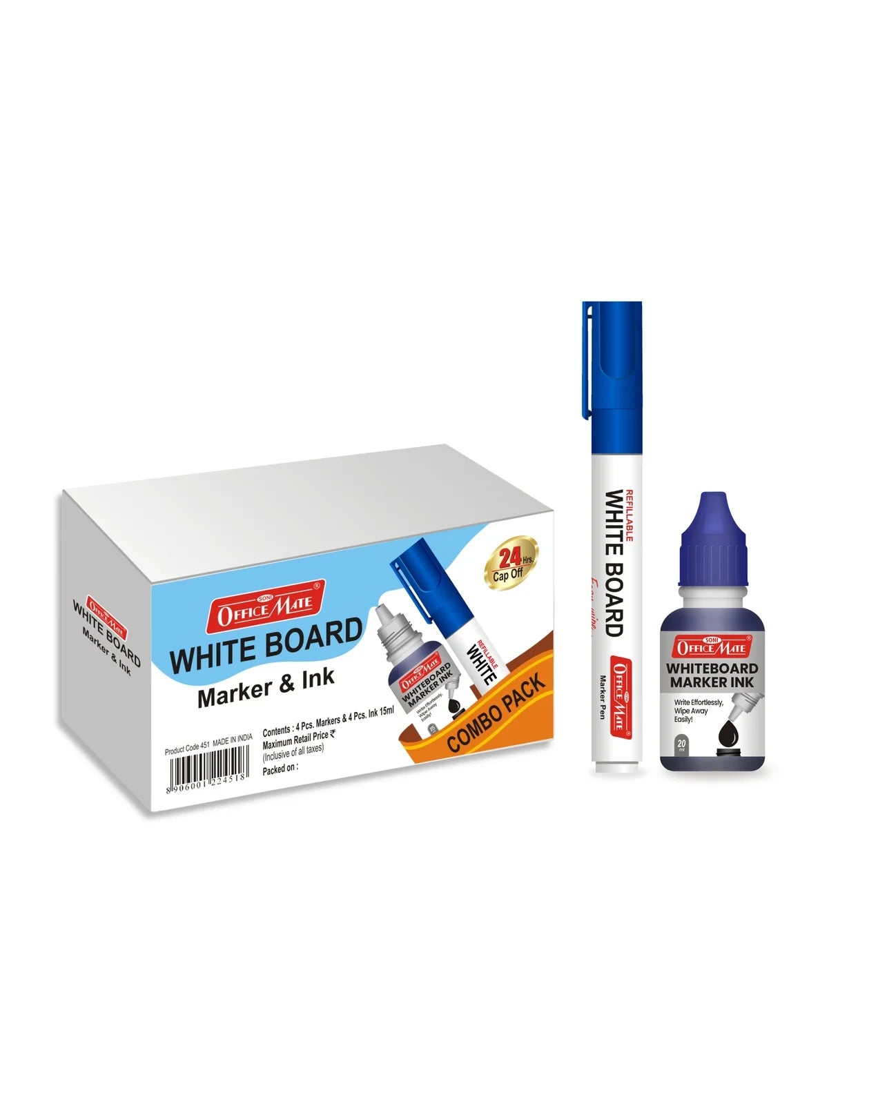 Whiteboard Combo (4 Whiteboard Markers + 4 Marker Inks) Vibrant Colours, Eco-friendly, Easy Wipe