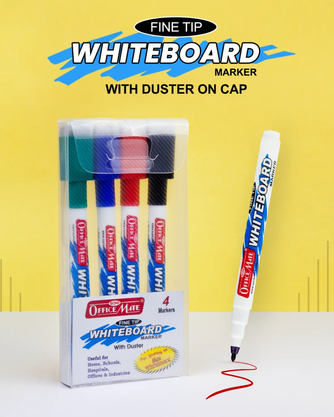 Fine Tip Whiteboard Marker with Duster on cap, Assorted Colour (Pack of 4) – Extra Precision, Bright Colours, Easy Wipe